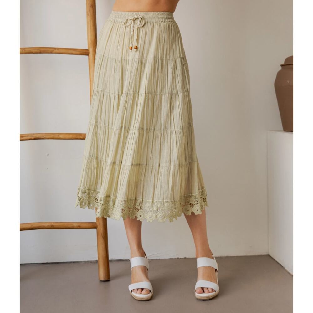 Young Threads Ivory Tiered Midi Skirt Crochet Lace Hem L NWT - Boho Romantic